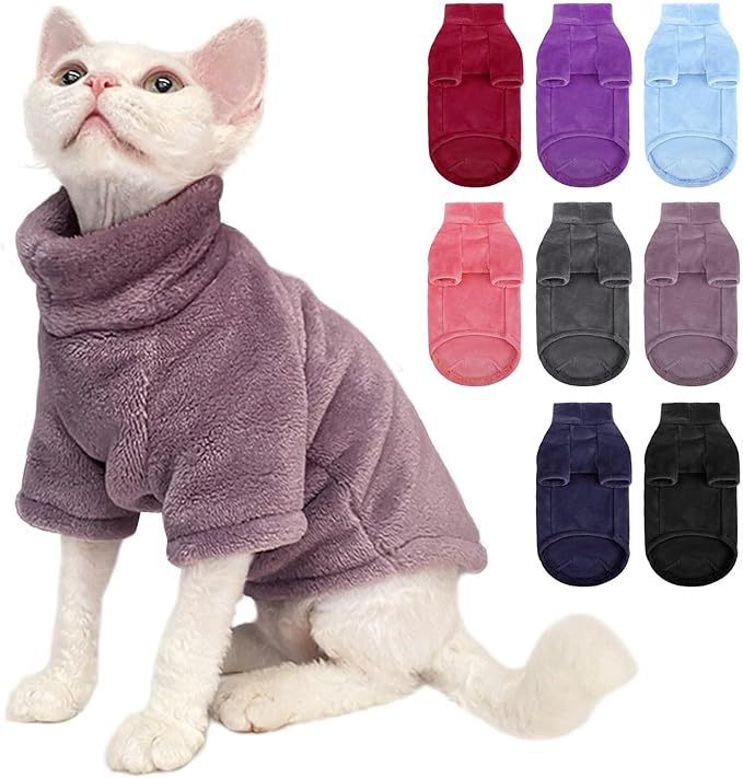 Turtleneck Sweater Coat for Cats, Sphynx Cat Clothes Pajamas for Cats Only, Kitten Fleece Pullover Sweaters with Sleeves, Pet Warm Jumpsuit Cat Sweatshirt for Cold Weather, Purple XL