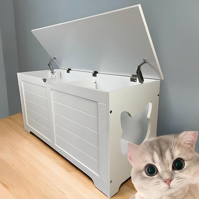 White Cat House with Hideaway Litter Box, Dog Proof Litter Boxes, Cabinet for Large Cats, Hidden Litter Box Cover, Cat Washroom, Enclosure Furniture.