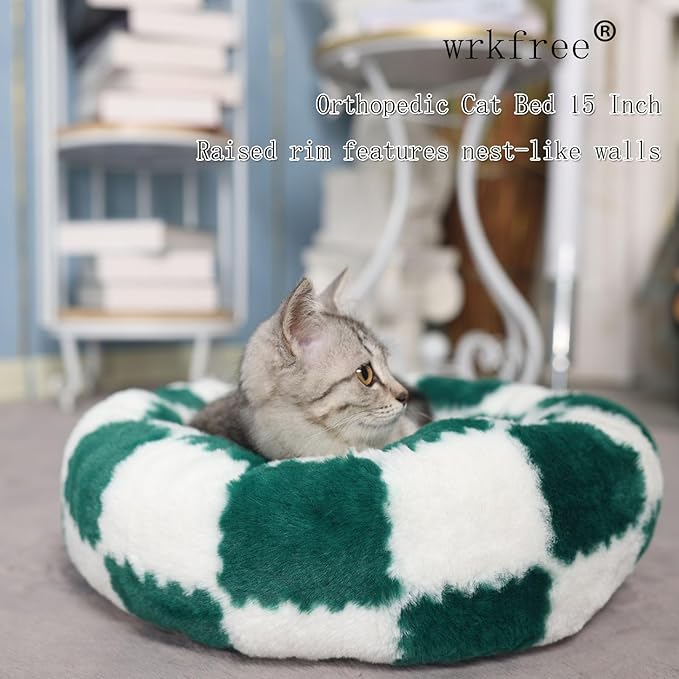 Extra Small Kitten Bed Round Donut Cat Bed Washable Luxury Anti Slip Bottom Cute Modern Beds with Jacquard Shaggy Plush 16 in