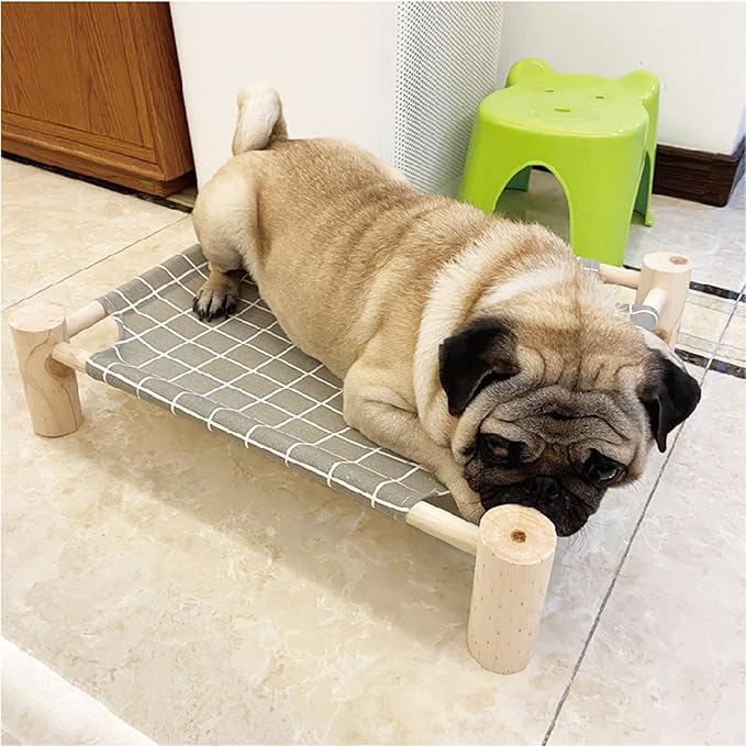 Pozico Elevated Cat Bed for Small Dogs & Cats – Raised Pet Hammock Bed, Wooden Frame Indoor Outdoor Dog Cot, Breathable Mesh Puppy Bed, Portable Cat Lounger – Grey Grid