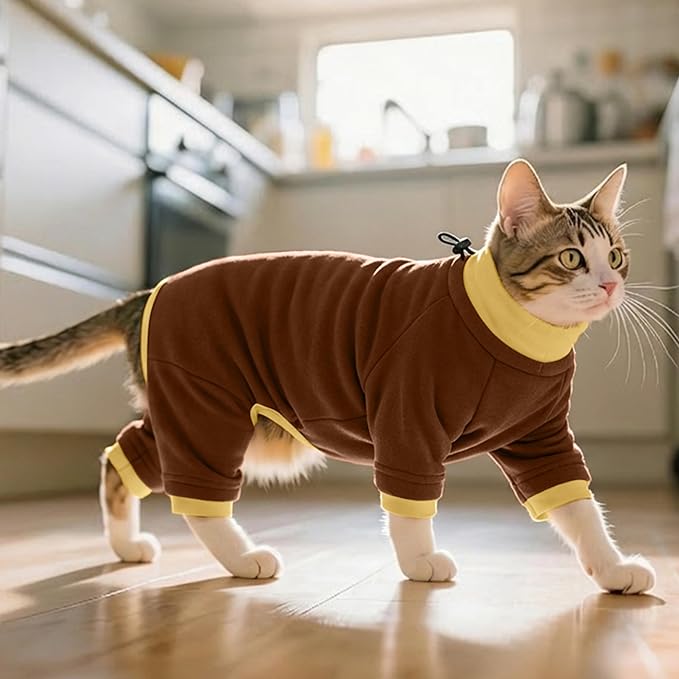 PUMYPOREITY Cat Behavior Control Sweater – Stops Licking & Over-Grooming, Anti-Anxiety Shirt, Escape-Proof, Breathable Pet Clothing for Shedding & Skin Protection, Brown, M