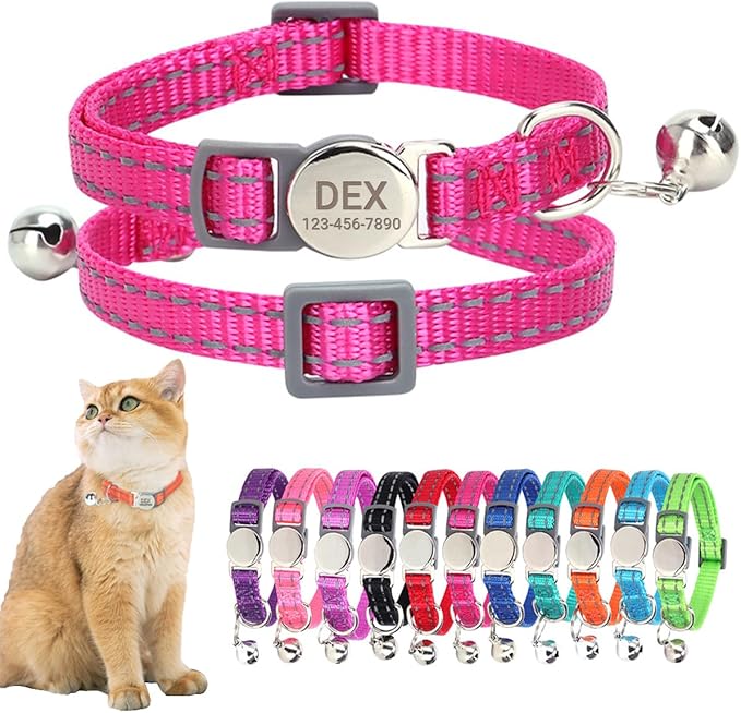 Personalized Cat Collar with Bell,Reflective Custom Engraved Name and Phone Number ID Tag for Cats Kittens & Puppies,Breakaway Safety Round Buckle|Reflective Adjustable Collars(7.5'' - 12'')