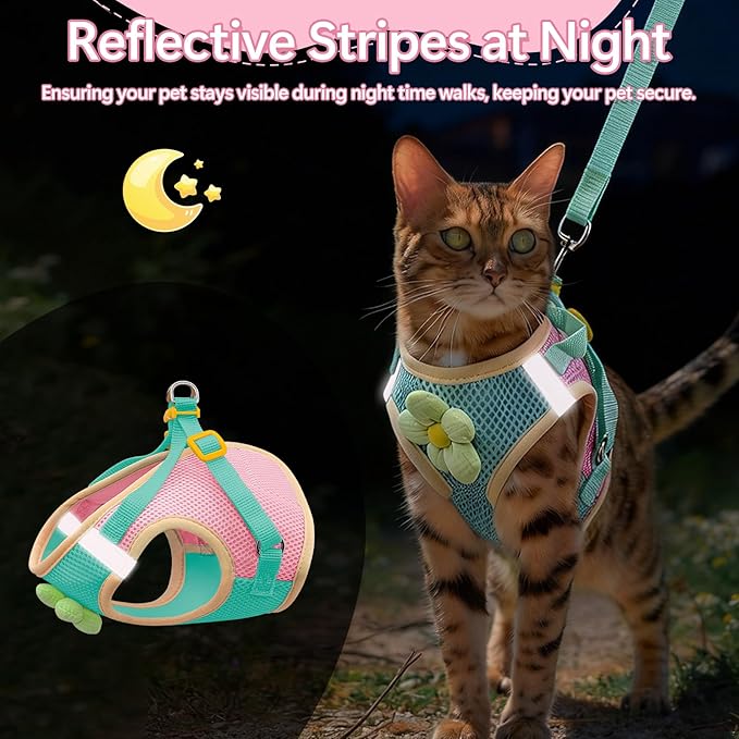 Cat Harness and Leash Set Escape Proof, Adjustable Cat Vest Harnesses Soft Kitten Harness Reflective Strips Jacket with Flower, Breathable Mesh Harnesses for Cats Puppy Easy to Wear Outdoor Walking