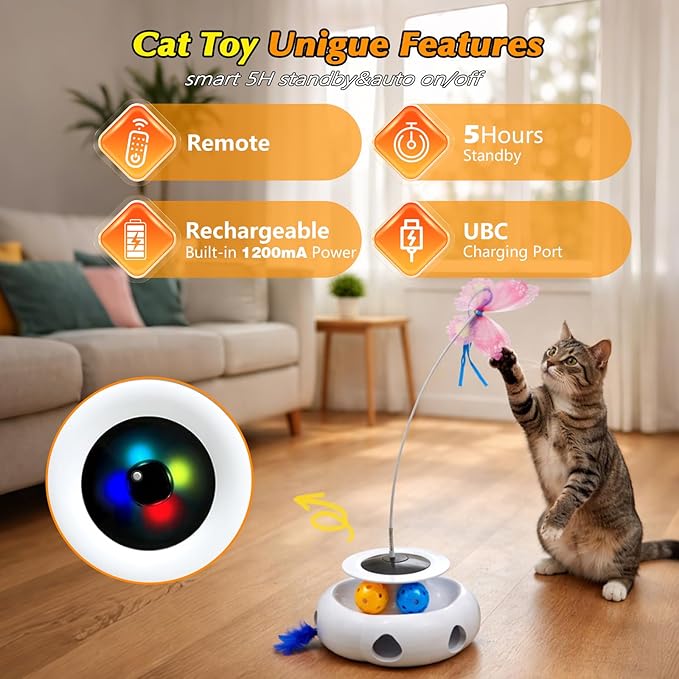 3-in-1 Interactive Cat Toy with Remote Control, Automatic Feather Teaser & Rolling Ball Track, Smart Cat Toy for Indoor Cats, Multi-Play Cat Enrichment Toy for Exercise & Boredom Relief