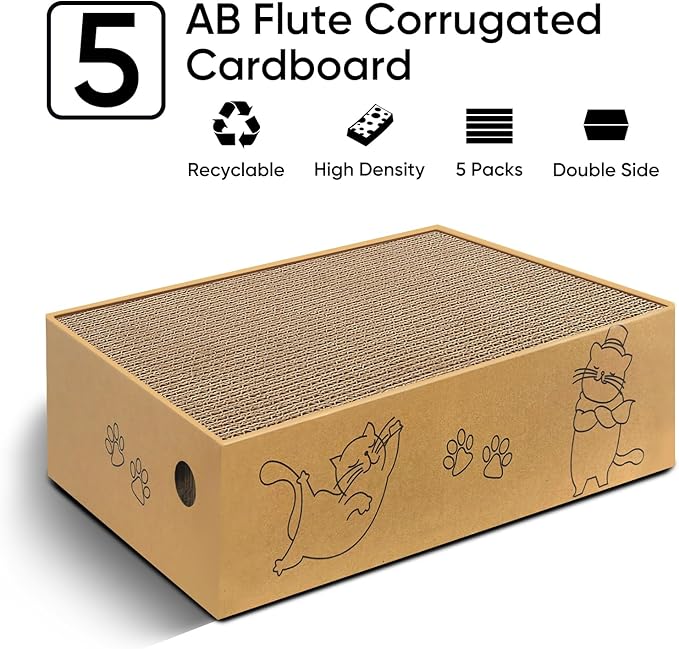5 Packs Cat Scratcher Set with Storage Box, 2 Wave Lounge Pads + 3 Flat Corrugated Cardboard Scratch Pads for Indoor Cats, Replaceable Scratch Boards to Protect Furniture