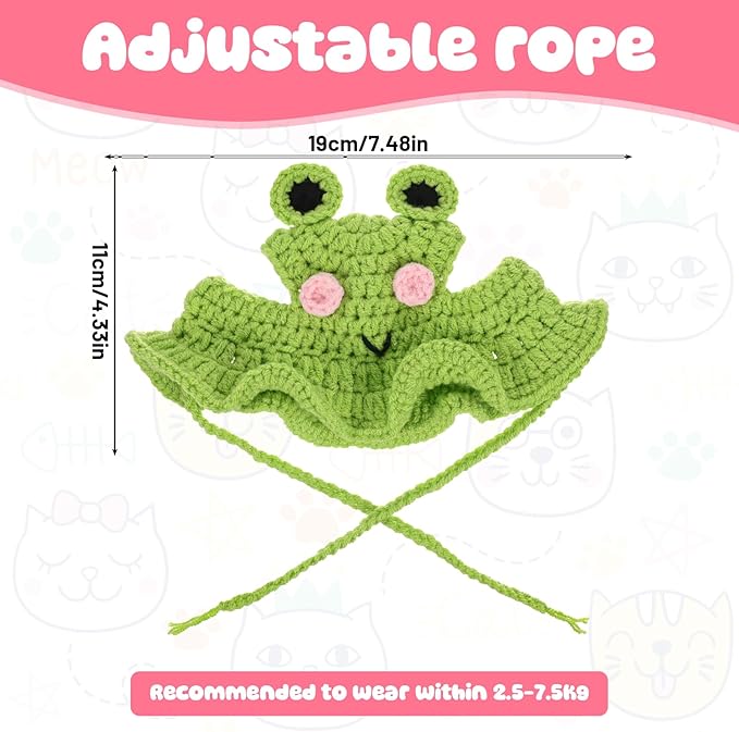 Piriuuo Frog Cat Hat, Cotton & Soft Cute Knitted Cat Hat Birthday Party Christmas Puppy Hats for Small Pets (Green, M)
