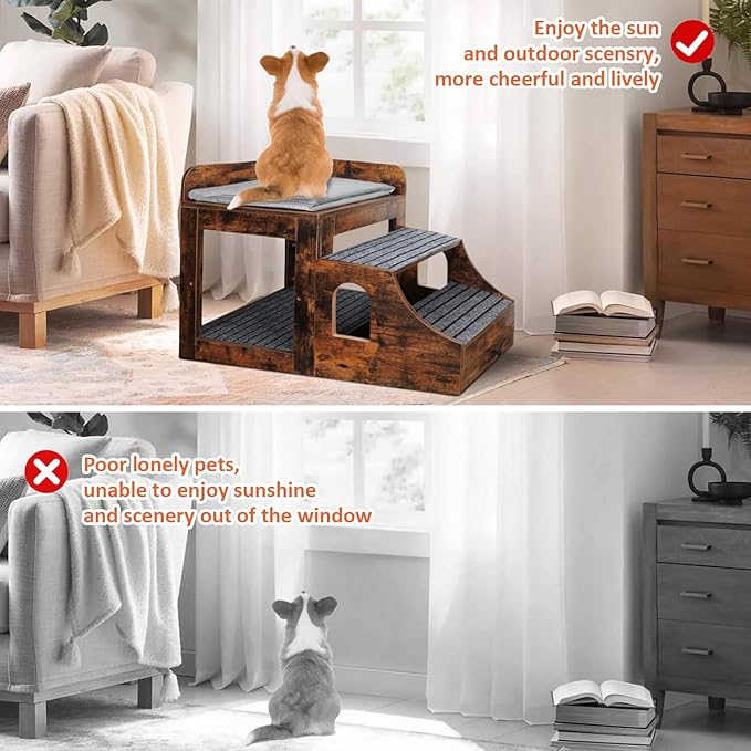 Pet Bunk Bed for Cats, Multi-Level Pet Window Perch Seat Platform with Removable Stairs and Mats for Cats and Dogs, Pet Bed Couch with Drawers for Bedside, Home, Indoor Use, Brown