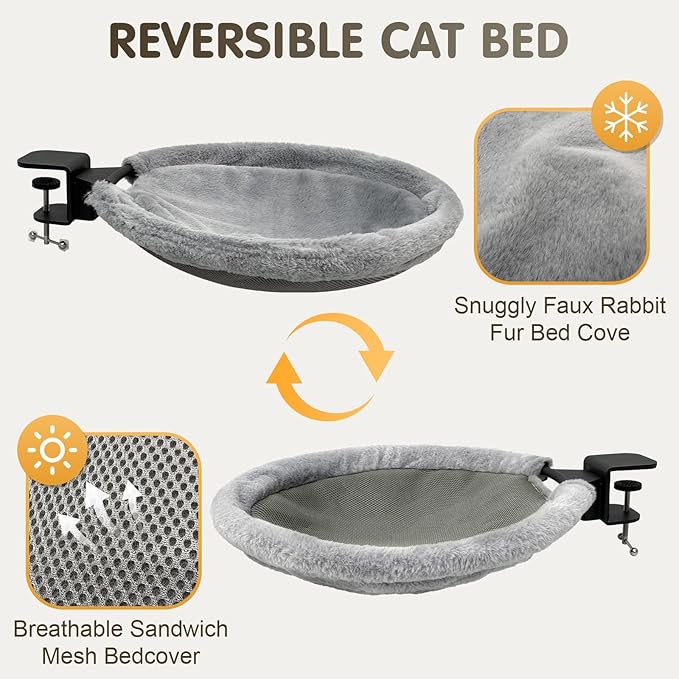 17.3" Extra Large Cat Desk Bed, 2 in 1 Comfy & Space-Saving Cats Bed for Desk, Cat Desk Hammock with Dual-Sided Reversible Mat for Hard Wall and Various Desktops-Maximum Hold Up to 40lb