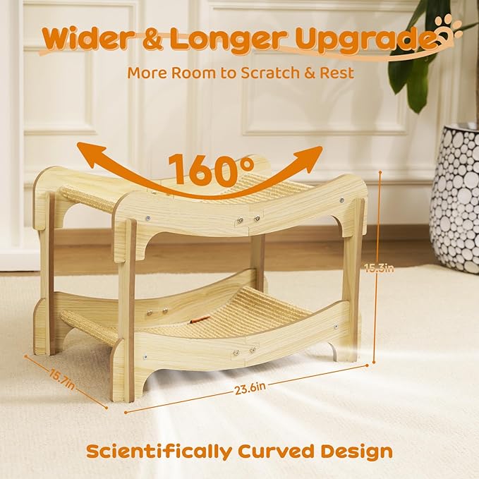 Two-Tier Sisal Cat Scratcher Bed Durable Cats Hammock Lounge for Scratching Pad, Wood Scratch Board for Indoor Kittens & Adult Cats, Easy Assembly Cats Furniture