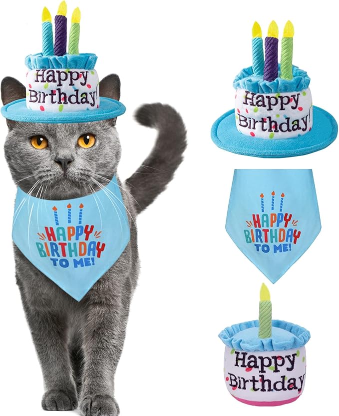 Cat Happy Birthday Cake Hat & Bandana Scarfs Set with Colorful Candles for Small Animas, Cat Birthday Party Supplies Decorations (Blue)