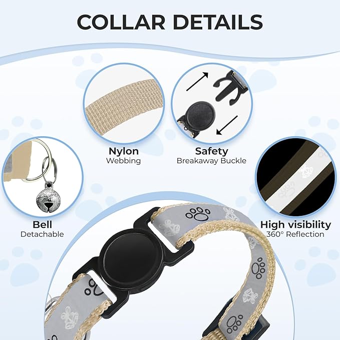 Cat Collar Breakaway, Reflective Kitten Collar with Bell, Safety Buckle Kitten Collar, Lightweight, Adjustable, Comfortable, Suitable for Boy Girl Cats (7"-13") Khaki