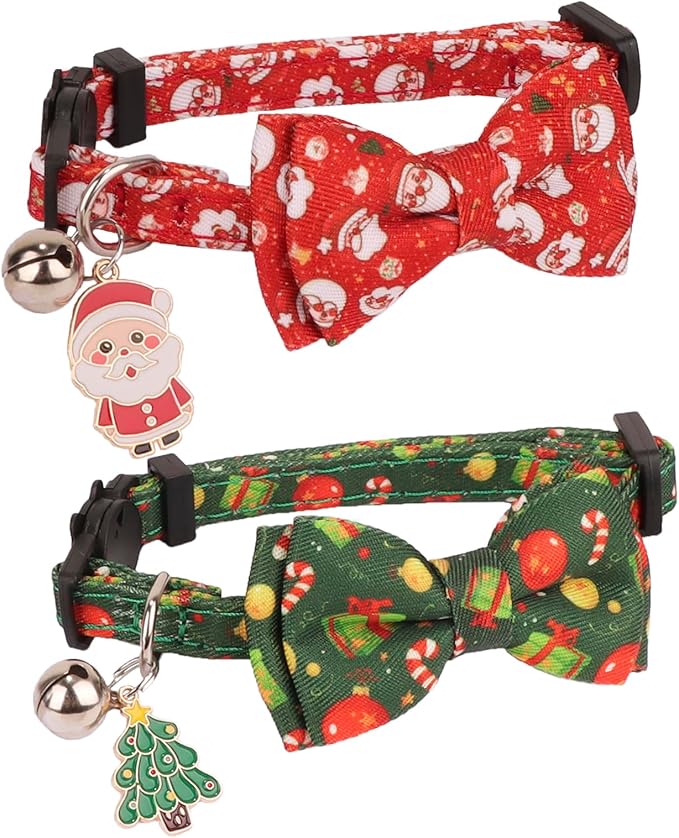 PTDECOR Christmas Cat Collars with Bow Tie Bell, 2 Pack Breakaway Kitten Collar with Removable Bowtie, Santa Box Collar for Cats Kittens