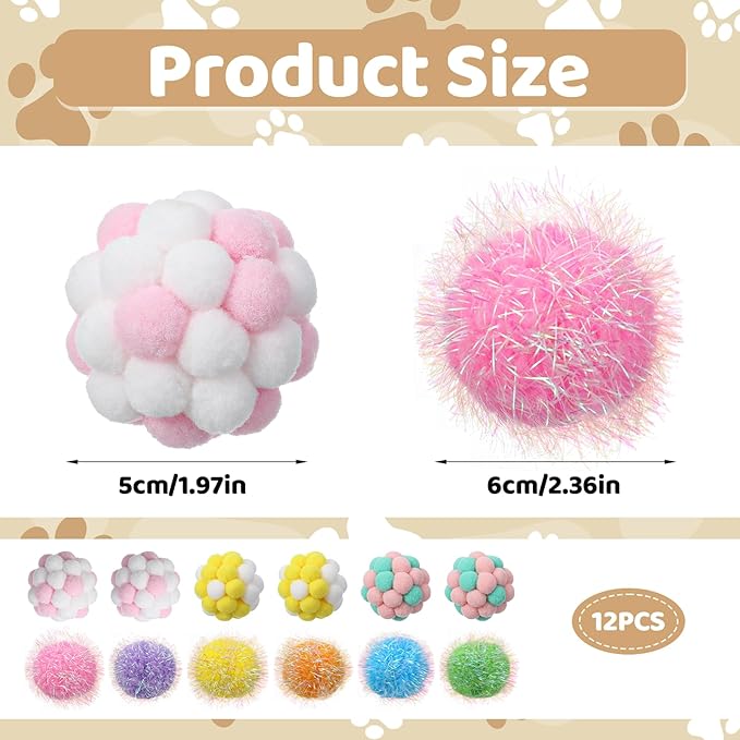 12 Pieces Cat Pom Pom Balls, PVA Polyester Material, Soft Pompoms with Bells, 5cm 6cm Interactive Ball Toy for Cats Kitten Indoor Outdoor Playing Chewing Scratching