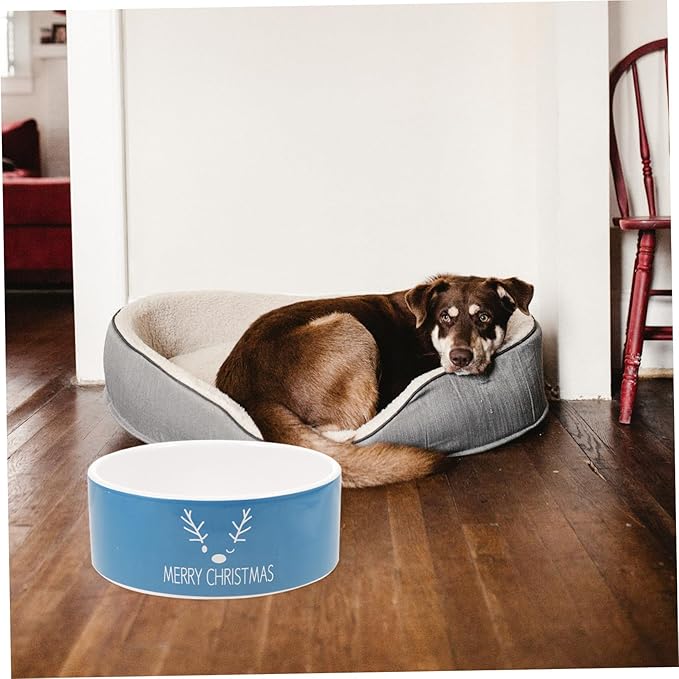 VILLCASE Christmas Ceramic Cat Bowl and Dog Feeding Dish with Snowman and Reindeer Pattern, Blue Porcelain Pet Food Bowl for Floor Feeding and Watering, Holiday Pet Supplies