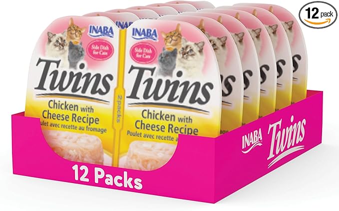 INABA Twins for Cats, Side Dish/Topper Cups, 1.23 Ounces per Serving, 12 Servings, Chicken with Cheese Recipe