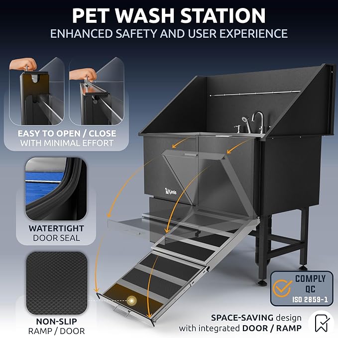 KANIS Professional Dog Washing Station 304 Stainless Steel Pet Wash Sink & Grooming Bathtub w/Shower, Floor Grates and Storage for Large, Medium & Small Pets (Black, 50 Inches, Right Ramp, 1 Drawer)