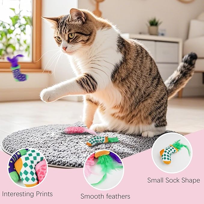 Andiker 3PCS Cat Feather Toys, 4.72 Inches Cats Crinkle Toy with Crinkle Paper Cute Sock Shape Lightweight Interactive Cat Toys for Indoor Cats and Kitten Chewing, Biting, Fetching