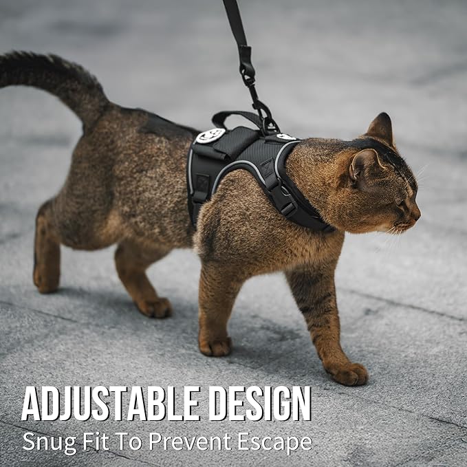OneTigris Tactical Cat Harness and Leash - Escape Proof Soft Adjustable Cat Harness, Breathable, Comfortable, Durable Water-Resistant Vest with Reflective Strips and Pocket for Cat Tracker