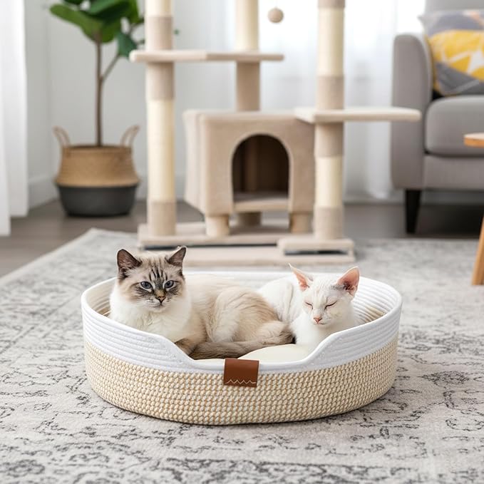 Cat Basket with Cushion, 20 Inch Cotton Rope Pet Sleeping Bed, Versatile Cozy Kitten Nesting Basket Dog Toy Organizer for Medium Large Pet, All Season Universal