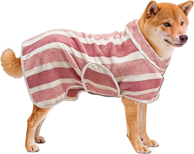 Fast Drying Dog Bath Robe, Super Absorbent Stripes Dogs Towel, Adjustable Warm Keeping Pet Puppy Bath Supplies (Red, L)