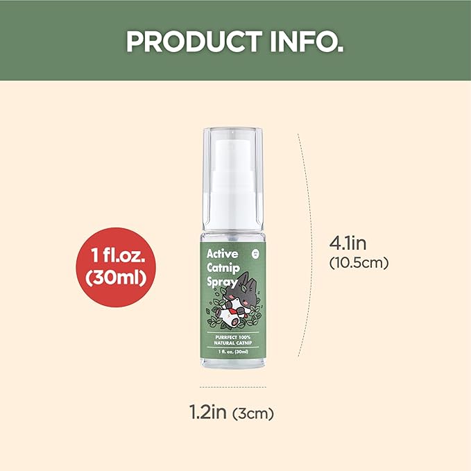 JAYU PET Active Catnip Spray - High Potency Transparent Liquid Spray Made of Fresh Organic Catnip for Indoor Cats and Kittens, Relieves Stress, Calming, Revives Toys (1fl oz) (Catnip Spray, 1fl oz)