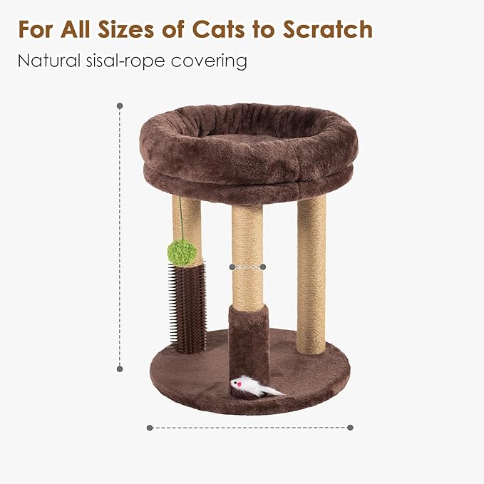 21” Tall Cat Scratching Post with Plush Cat Bed | Stable Cat Tree for Indoor Cats, Interactive Toy & Grooming Brush Included