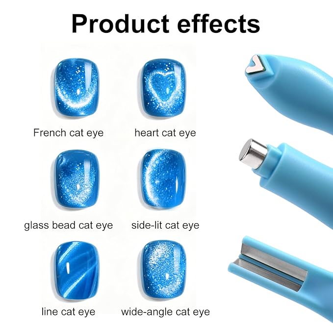 3 in 1 Cat Eye Nail Magnet, Multifunctional Magnet Nails Art Design Tools, Cat Eye Gel Polish Magnetic Pen Line & Heart Shaped Round Accessories for Home DIY Salon Studio (Blue)