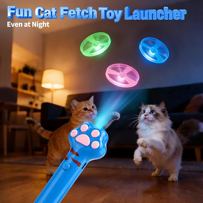 BABORUI Cat Toy Disc Launcher, Rechargeable Interactive Cat Fetch Toy Launcher with 8 Flying Discs, Flying Enrichment Toys for Indoor Bored Kittens & Adult Cats (Blue)