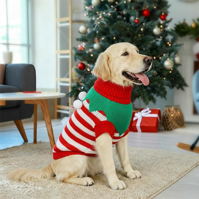 Dog Sweater Knitted for Small to Large Dogs Boy Girl, Classic Turtleneck Dog Christmas Sweaters, Warm & Soft Pet Clothes for Winter (Santa Stripe, L)