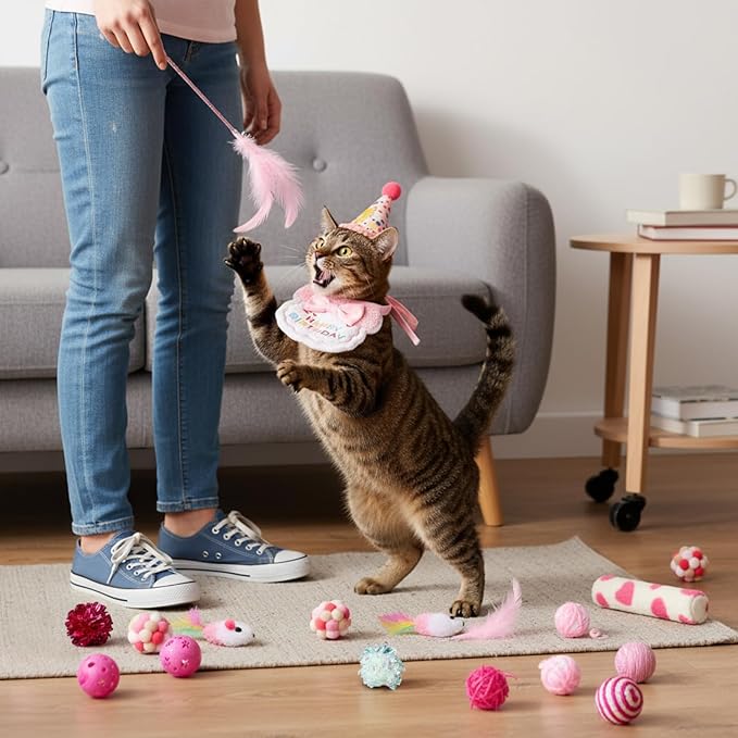 Zopeal Graduation Cat Toy Set Interactive Cat Toys Pack Including Feather Teaser Wand Plush Gift Outfit Mice Crinkle Balls and Pet Bell Balls, Puzzle for Indoor Cats Gift Basket for Kitten(Pink)