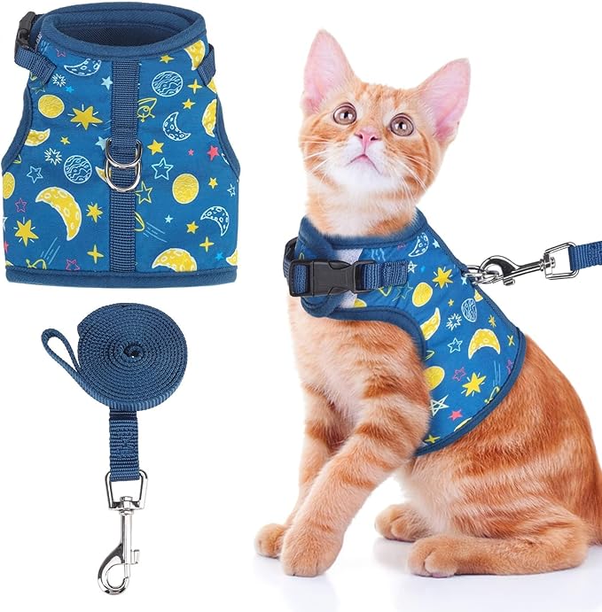 BINGPET Cat Harness with Leash Escape Proof - Fashionable Mesh Cat Dog Walking Harness Leads, Adjustable for Kitties Puppies Small Animals,Galaxy