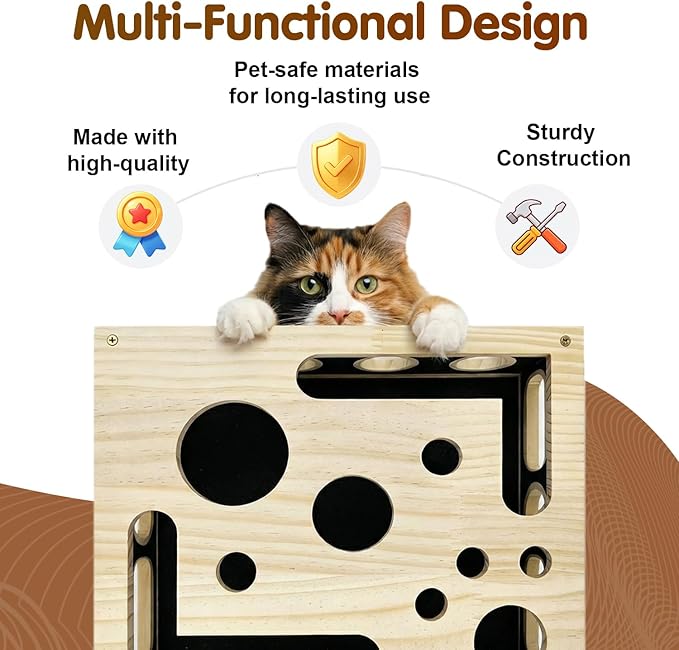 Cat Scratch Puzzle Enrichment Box, Cats Nail File Enrichment Box with Sandpaper Inside, Stress-Free Trimming Nails, Puzzle Feeder Cat Toys Interactive for Indoor Cats Nail Scratcher (with Bell Balls)