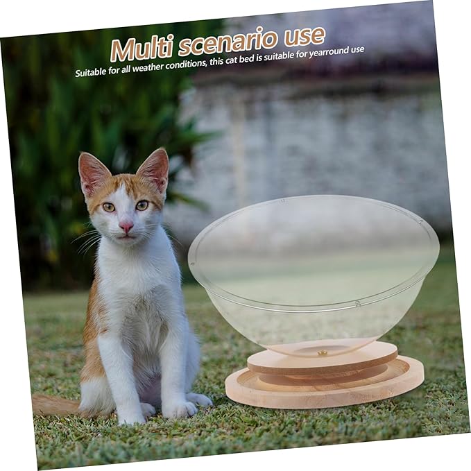 POPETPOP Cat Bed Spaceship Modern Transparent Indoor Cat House with Wooden Stand Multifunctional Toy Sturdy Design for Year Comfort