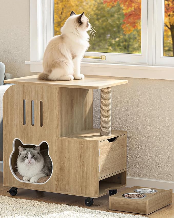 FIMELLO 25.6" Wx15.7 D x 28.5" H Cat Feeding Station, All-in-One Cat Food Table Cart with Moving Wheels, Scratcher End Table, Two Feeding Bowls