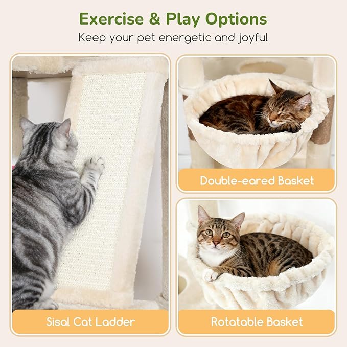 Globlazer Extra Large Cat Tree Tower 80in XXL Tall Cat Tree for Multiple Indoor Cats Large Adult Kittens with Scratching Posts, 2 Widened Perches, Adjustable Baskets, 2 Cozy Cat Condos, S80G, Beige