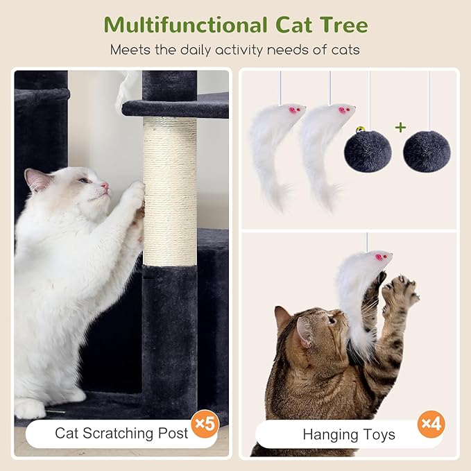 Globlazer Large Cat Tree, 80 inch Multi-Level Tall Climbing Tower Kitty Condos Cat Scratching Tower for Indoor Multiple Large Adult Cats Kittens with 3 Cat Caves, 3 Hanging Baskets, F80F, Dark Grey