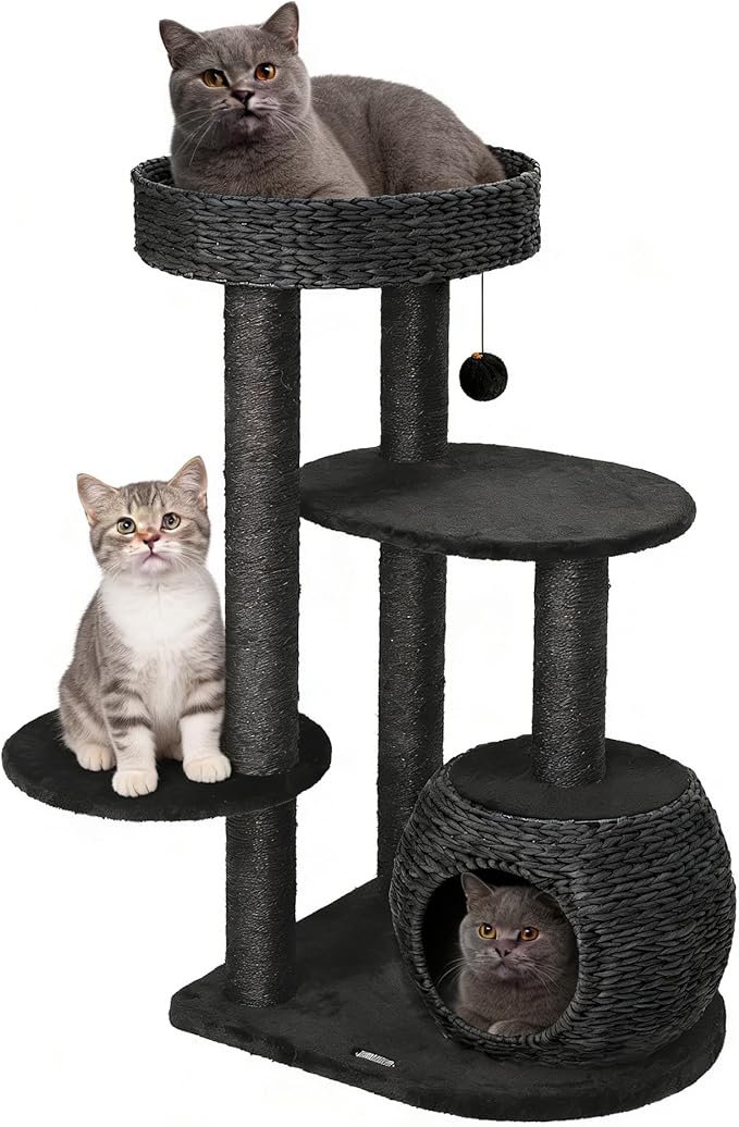 NUNU Modern Cat Tree, Modern Cat Trees Tower, Wooden Cat Tree for Large Cats, 39" Cat Tower for Indoor Cats, Hand-Woven Condo & Top Perch, for Kittens Climb, Play & Rest