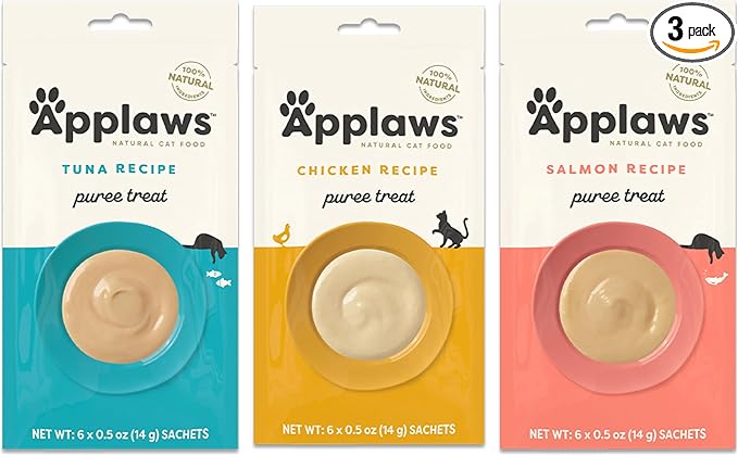 Applaws Lickable Puree Cat Treats in 3 Flavors: (1) Salmon, (1) Chicken and (1) Tuna (6 x 0.5 Oz Sachets per Flavor, 18 Sachets Total)