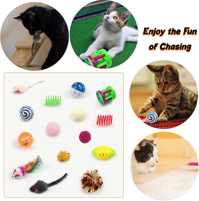 QUOZUO 32 Packs Cat Toys Variety Pack for cat, Cat Balls with Bells, Cat Feather Toy, Cat Mouse Toys, Cat Crinkle Balls, Catnip Toys for Indoor Cats Kittens, Kitten Toys Assortments