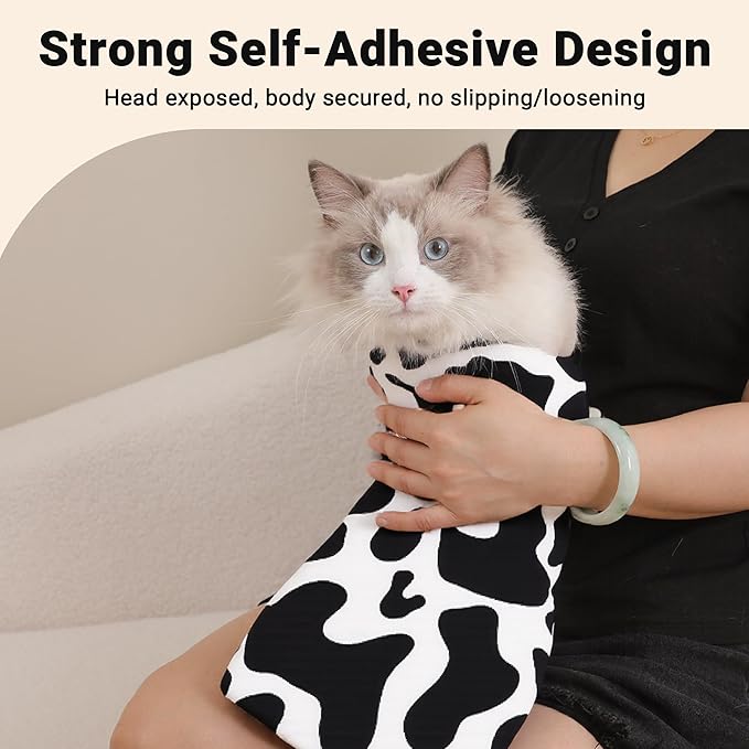Purrfect Peace Cat Swaddle Wrap – Professional Calming Restraint Bag for Grooming, Nail Trimming & Medicine - Adjustable Cat Restraint for Grooming, Vet Visits (Cow Pattern, M)