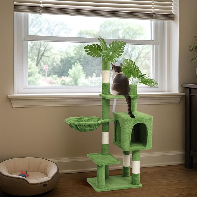 50in Plush Cat Tree with Leaves, Multi-Level Cat Tower with Condo, Hammock & Sisal Scratching Posts, Large Indoor Cat Activity Center for Kittens Under 10lbs, Green Pet Playground Furniture