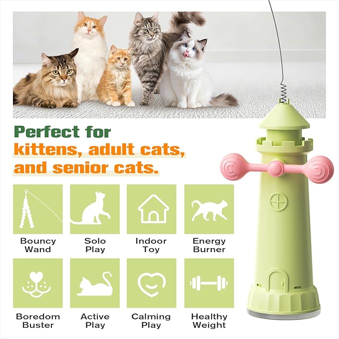 Interactive Cat Toys for Indoor Cats, Hanging Cat Wand Toy for Floor Doorway Window with Powerful Suction Cup Base, Pet Self-Play Enrichment Toy for Bored Cats Kitten(Green)
