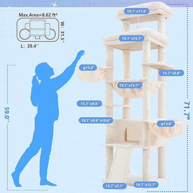 Hey-brother Cat Tree Tower, Scratching Posts with Extra Large Platform and Basket, Specious Condo, 2 Cozy Hammocks, Scratch Board for Indoor Adult Cats, Maine Coon 71.7 inches, Beige MPJ080M