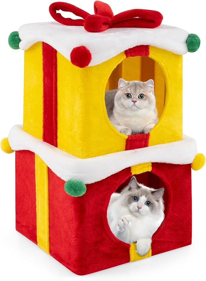 Tangkula Gift Box-Shaped Cat House, Christmas 2-Story Cat Condos, Stackable & Free Combination Kitten Tower, Soft Plush Covered Hideaway Cat Beds Caves for Indoor Kittens