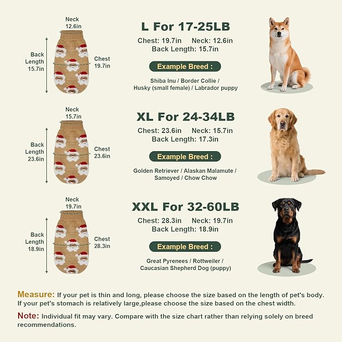 Dog Sweater Knitted for Small to Large Dogs Boy Girl, Classic Turtleneck Dog Christmas Sweaters, Warm & Soft Santa Claus Pet Clothes for Winter (Brown, L)