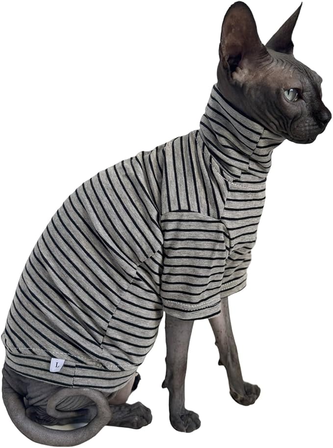 Vintage Stripes Sphynx Hairless Cats Shirt Cotton Cat Turtleneck Pet Clothes Kitten T-Shirts with Sleeves for Sphynx Cornish Rex, Devon Rex, Peterbald (Grey Stripe, Large (Pack of 1))