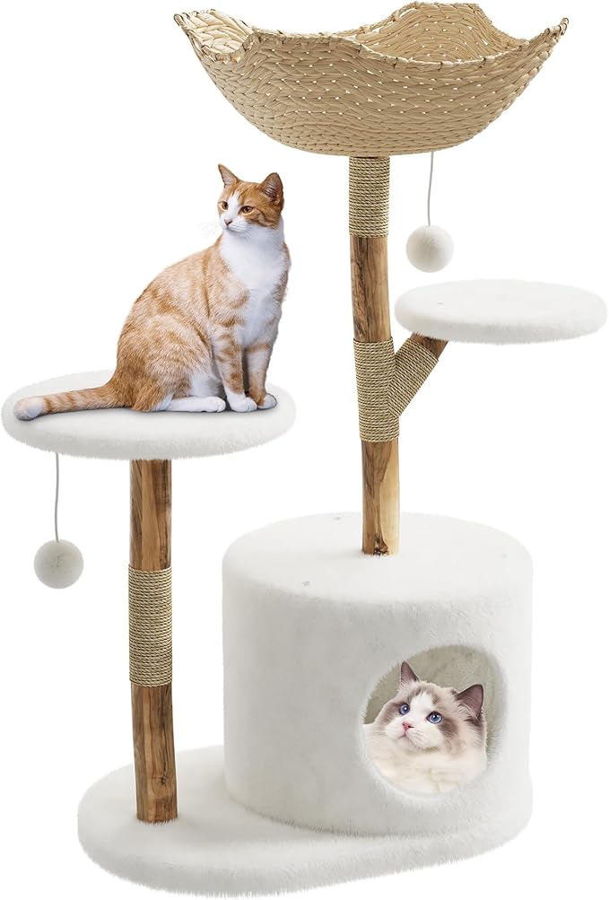 46-Inch Luxury Wooden Cat Tree Tower for Large Cats – Modern Real Branch Cat Condo with Spacious Basket, Sturdy Scratching Posts & Hanging Poms – Deluxe Indoor Cat Furniture