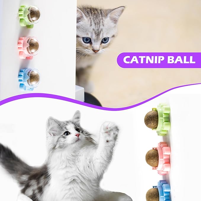 Catnip Balls for Indoor Cats 4 Pack Wall Mounted Rotatable Cat Toys Teeth Cleaning and Stress Relief Adhesive Catnip Stick on Wall Toys Interactive Chew for Kittens Play Entertainment