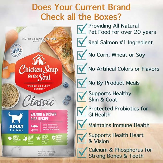 Chicken Soup for the Soul All Natural Premium Adult Dry Cat Food, Real Meat First Ingredient, No By-Products, Supports Heart, Gut & Immune Health, Salmon & Brown Rice, 4.5lb