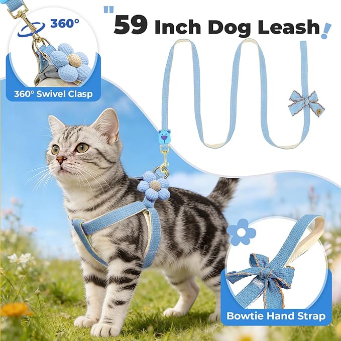 PETCARE Cute Cat Harness and Leash Set, Blue Flower Cat Walking Harness with Bow Tie Cats Leash, Easy Walk Lightweight Step in Cats Harnesses with Buckle (Chest Adjustable 9"-14", Rope Width 0.39")